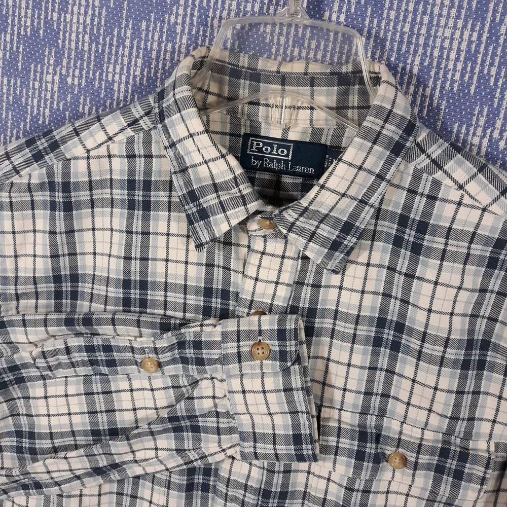 Polo Ralph Lauren Shirt Mens Medium Flannel Pockets Cotton White Blue